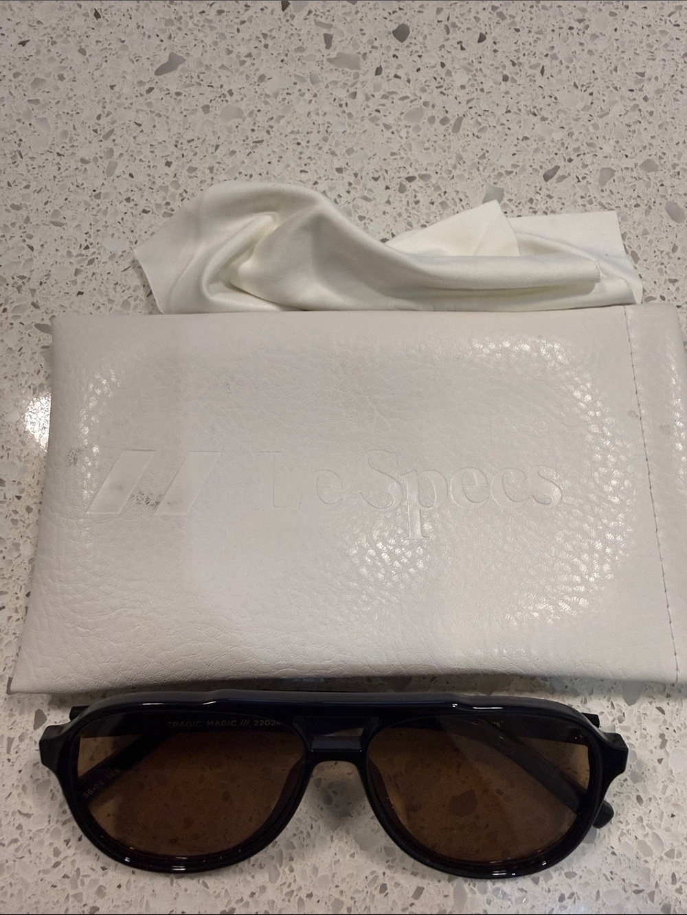 Le Specs White Sunglasses Pouch with Black Frame Brown Lens Sunglasses